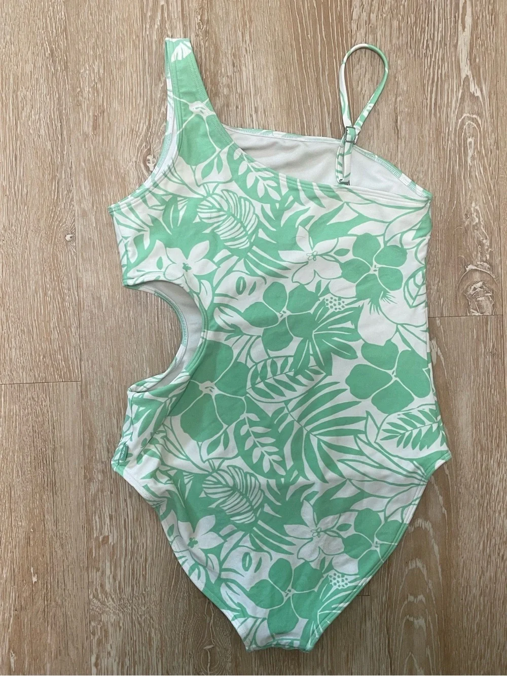 Abercrombie Kids green floral asymmetrical cutout one-piece swimsuit; 13/14